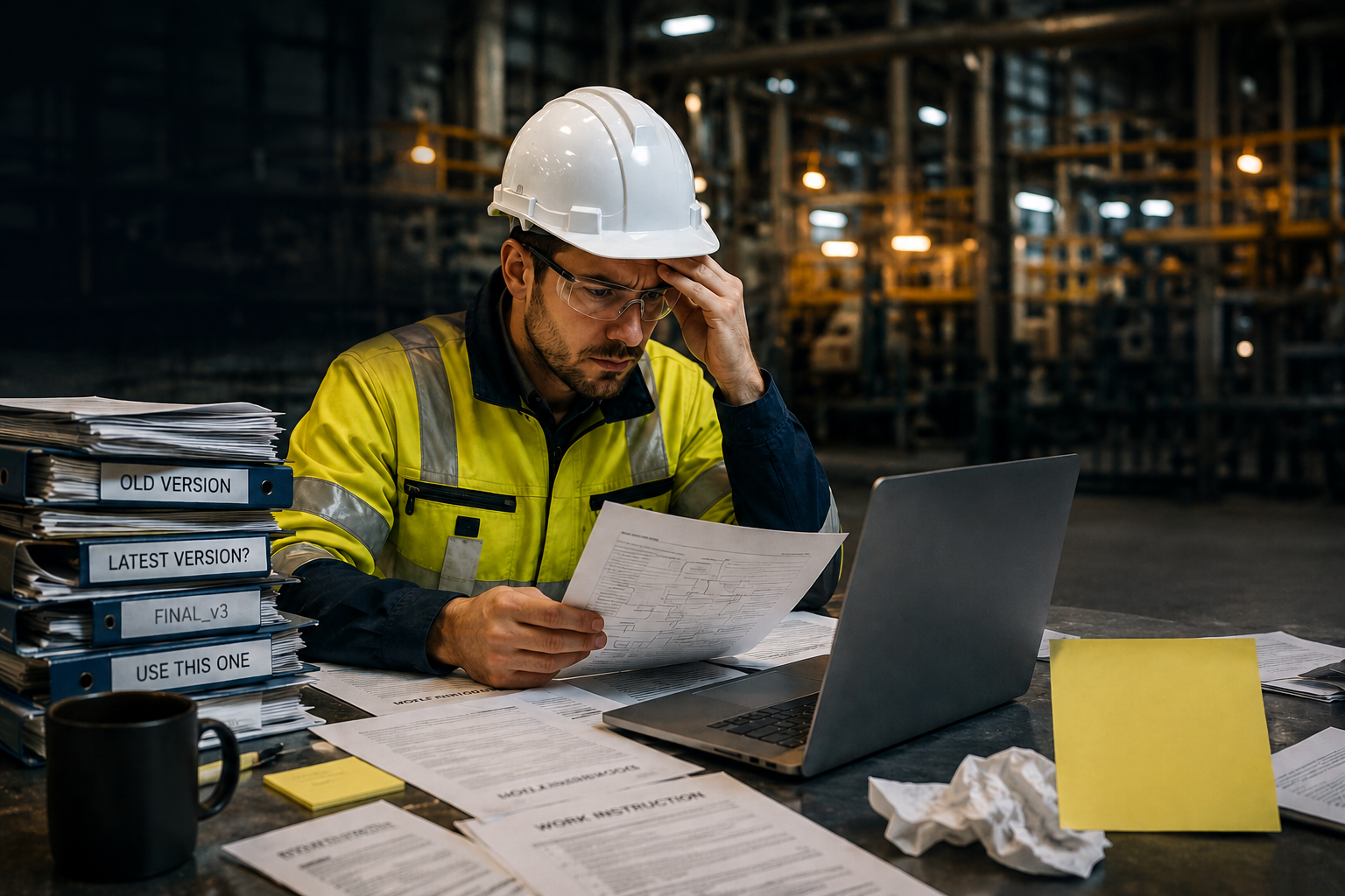 Maintenance worker surrounded by uncontrolled work procedure versions